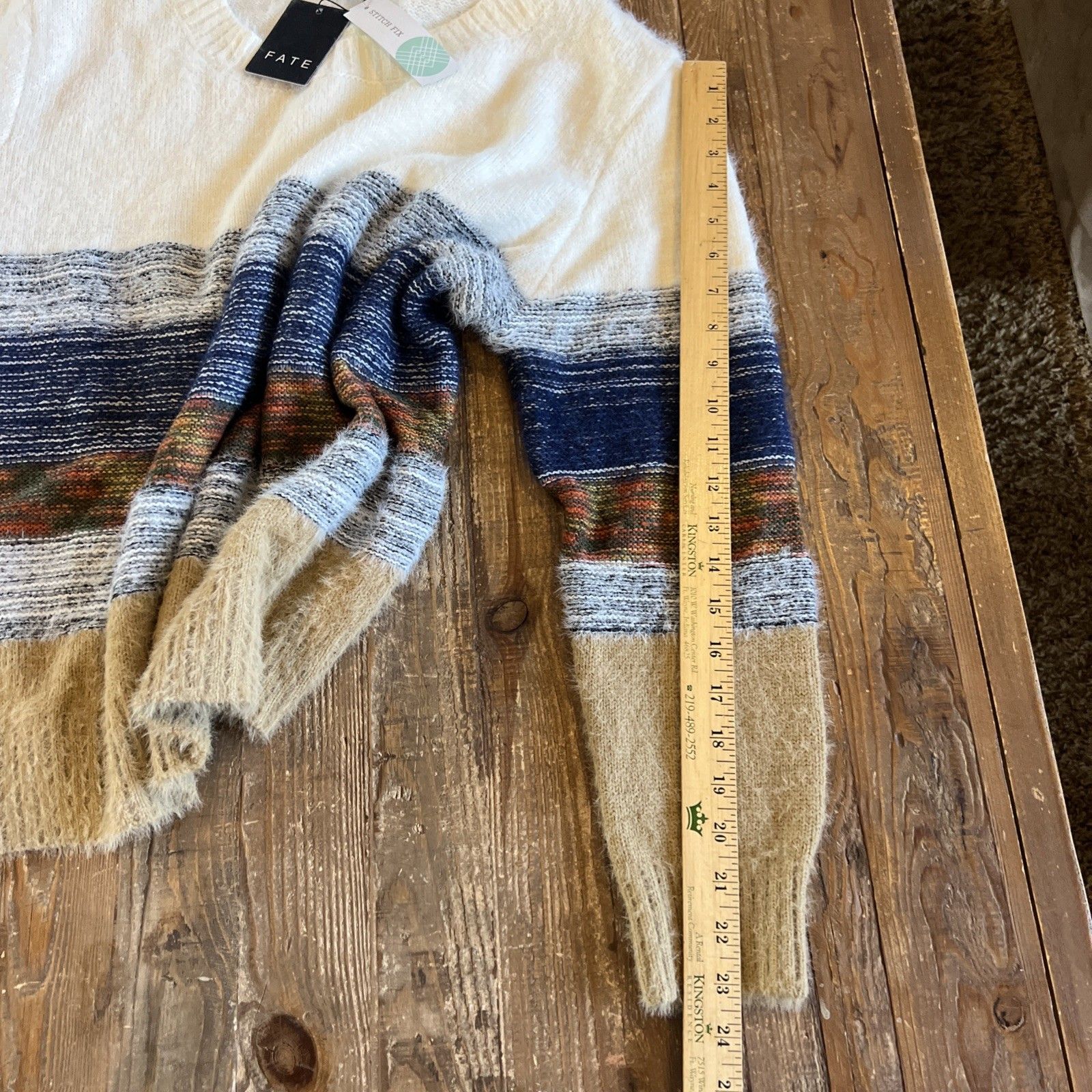 Nwt Fate Women’s Xl Fuzzy Colorblock Striped Sweater Stretch Fit Cream Blue — image 5 of 7